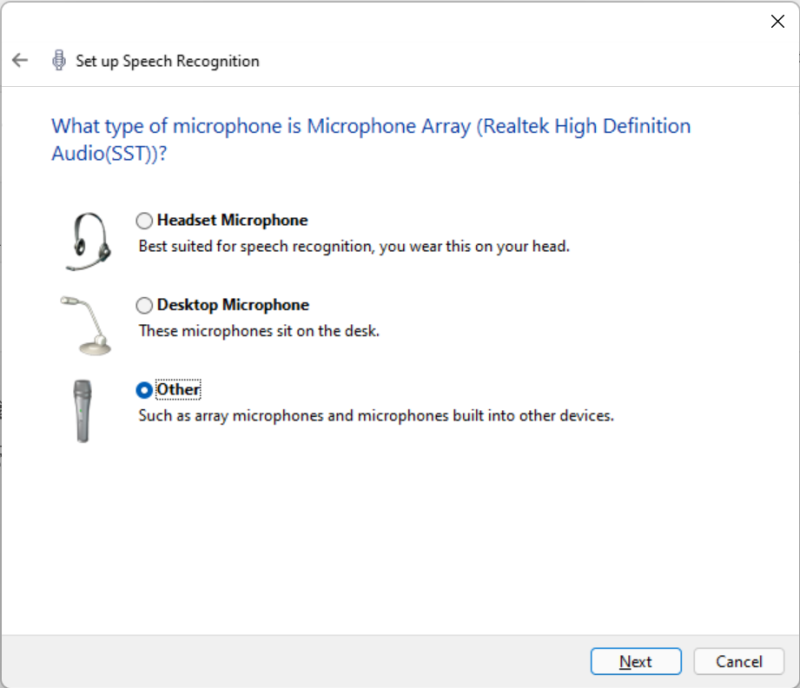 Select the type of microphone you're using and click Next